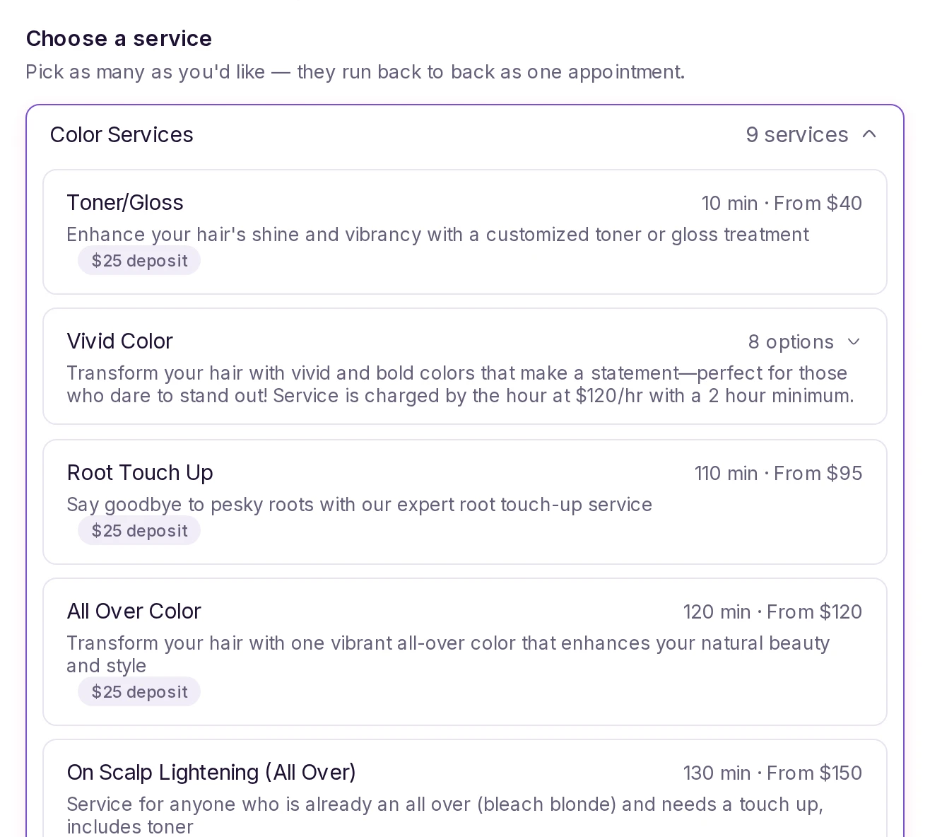 The booking page's service menu, with categories expanded to show prices and durations.