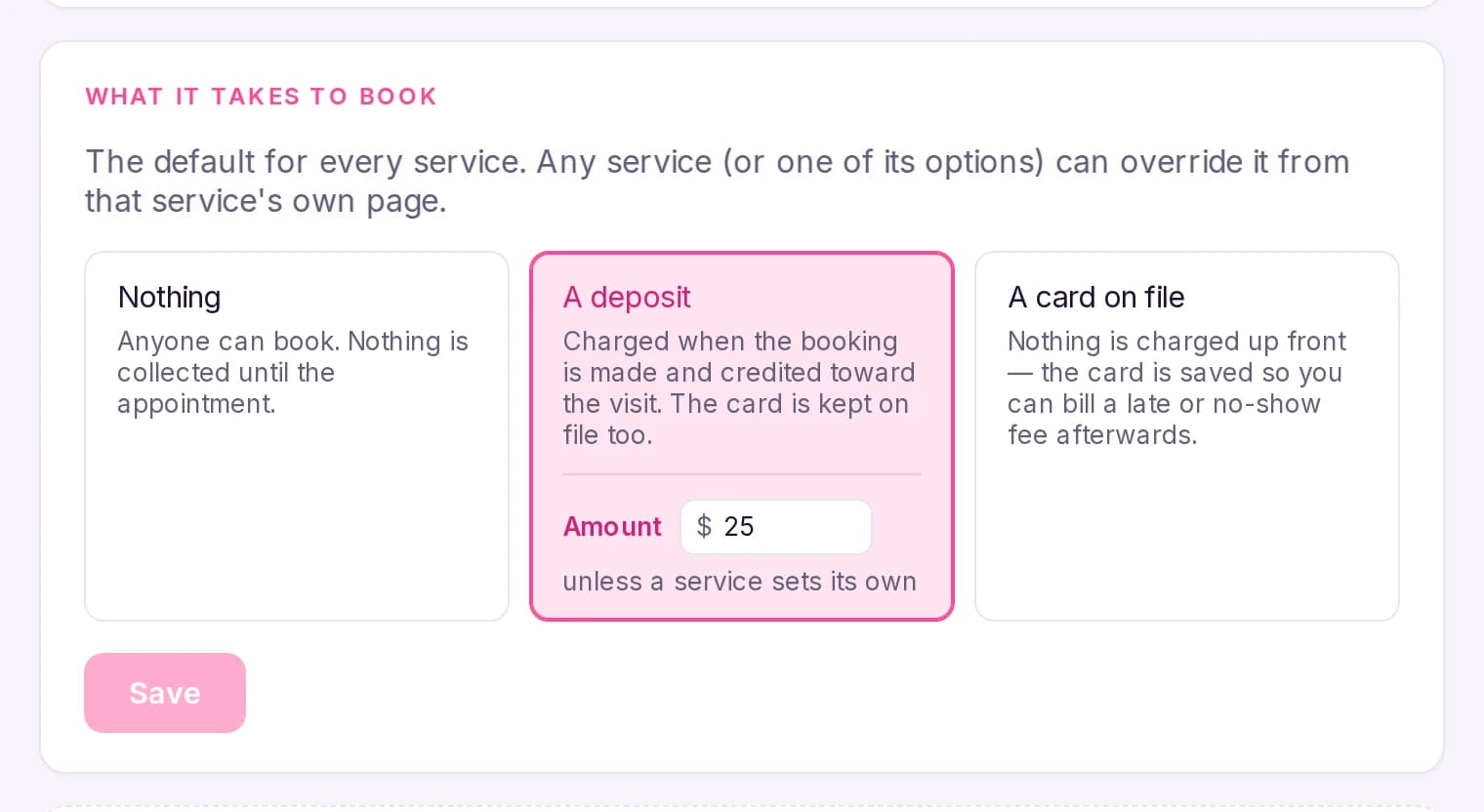 The booking-rules screen, showing the choice between taking nothing, a deposit, or a card on file.