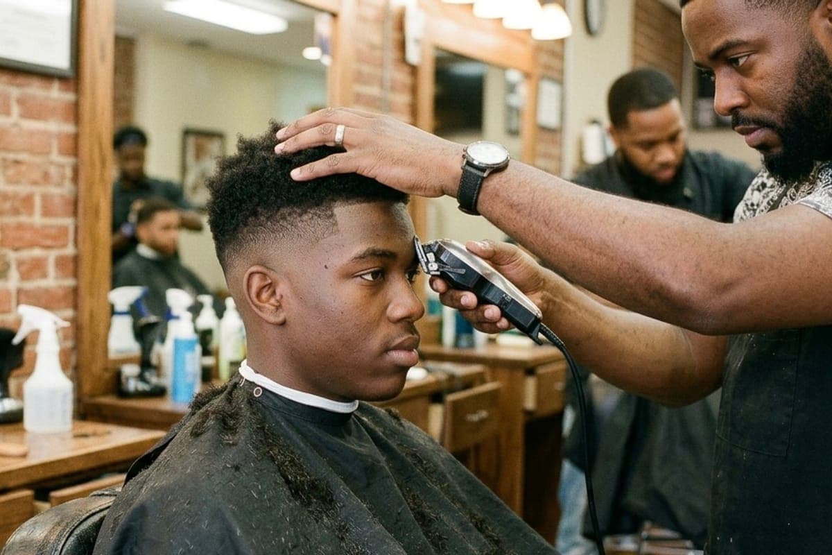 A barber running clippers up the side of a client's head mid-fade.