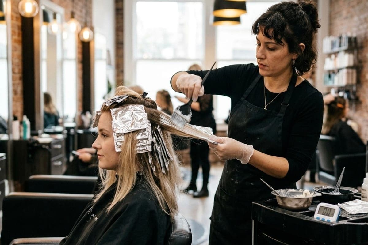 A colorist painting color through a section of a client's hair at the chair.