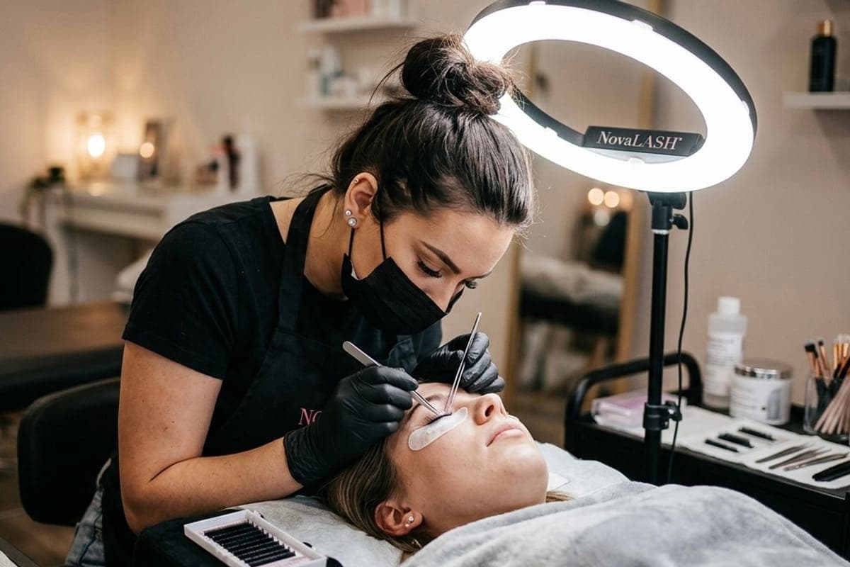 A lash artist leaning in over a client under a bright ring light.