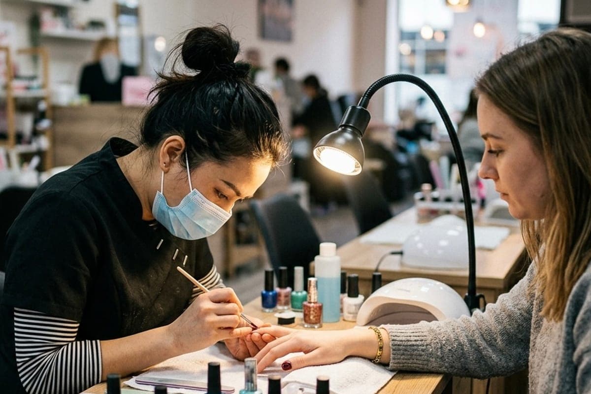 A nail technician working on a client's hand under a lamp.