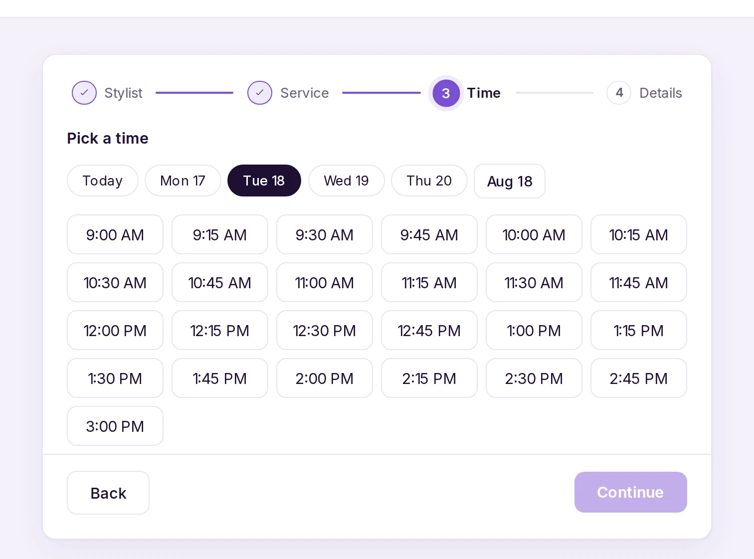 The booking page's time picker, showing a week of days and the open slots on one of them.