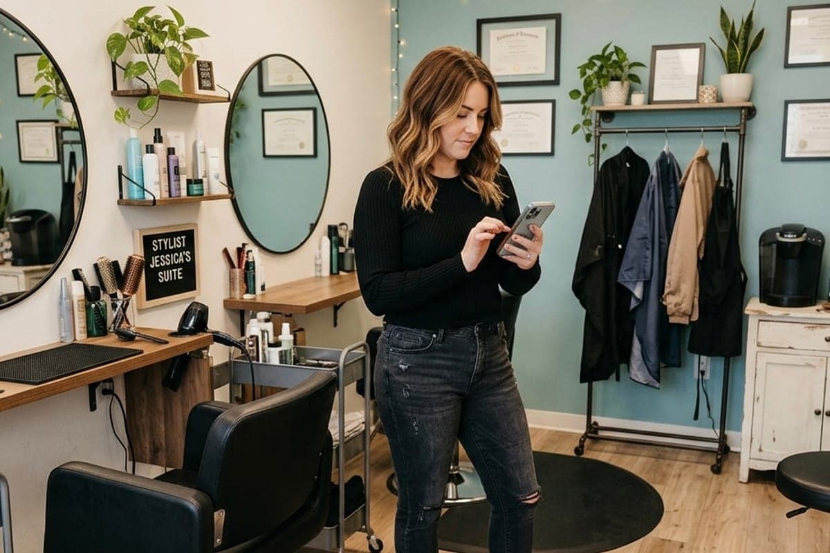 An independent stylist standing in their own studio suite, phone in hand.