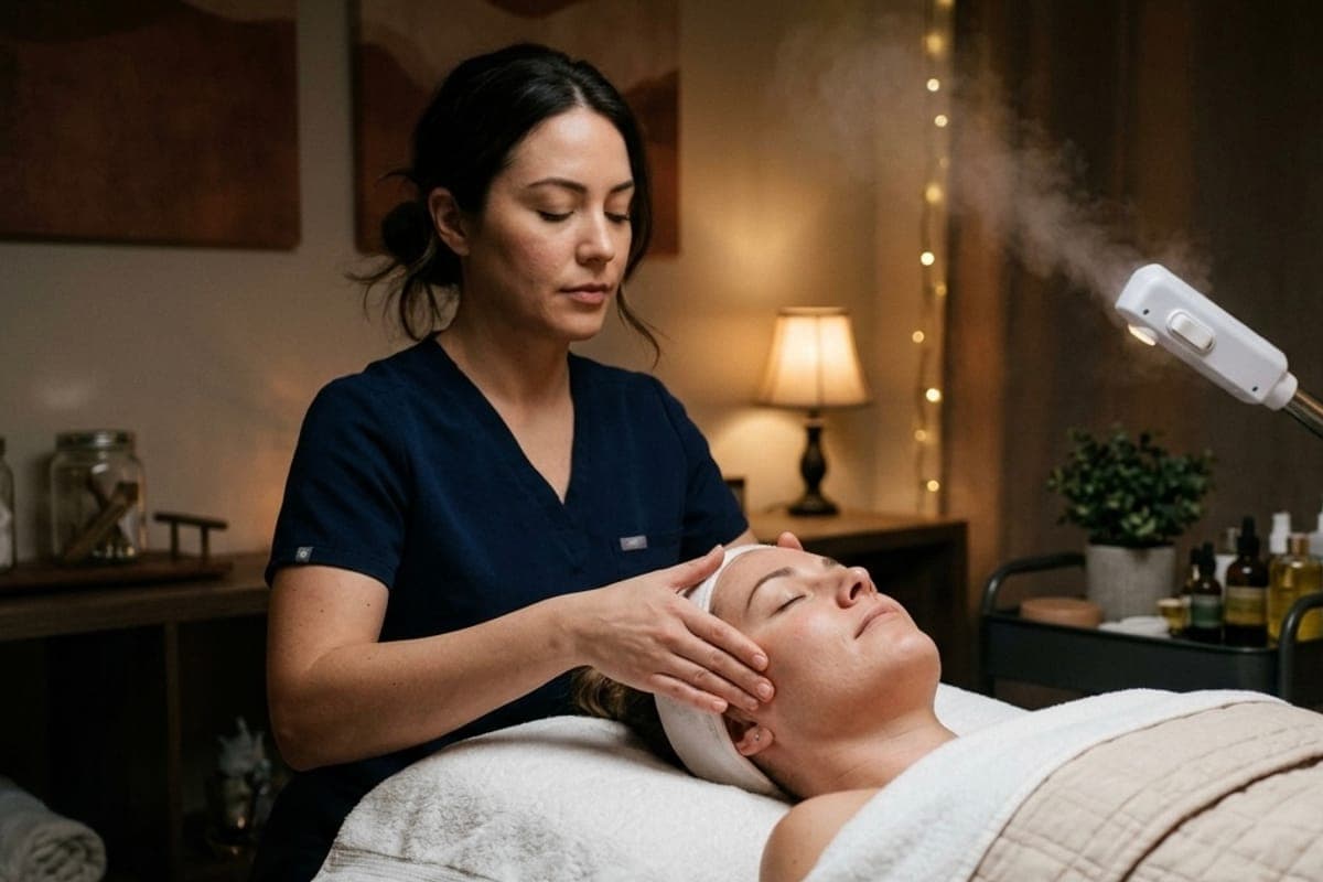 An esthetician working over a client on a treatment bed in a quiet room.